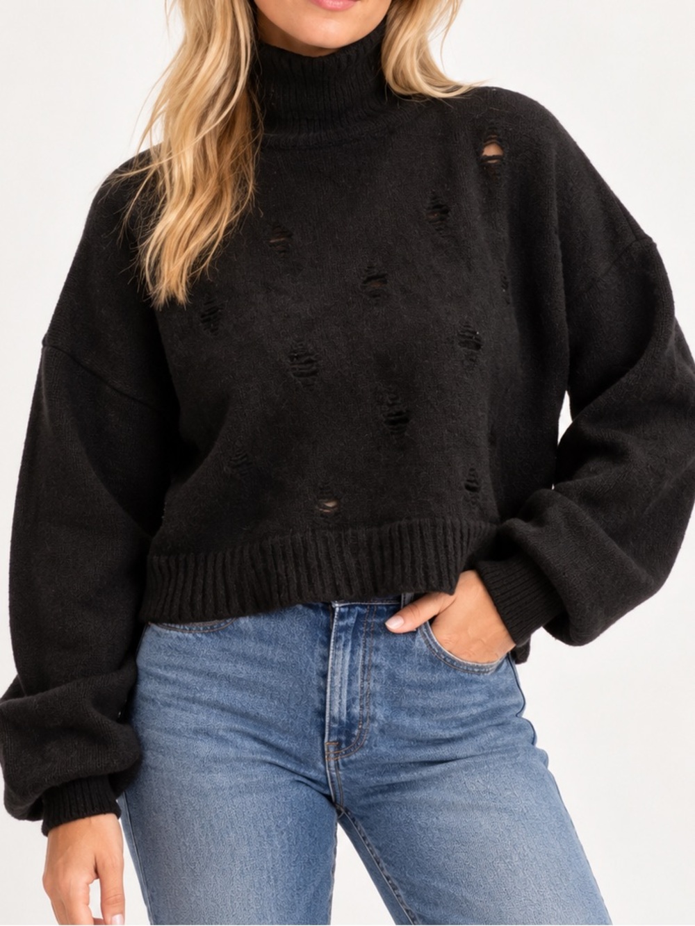 Minimal To Black 100% Wool cropped distressed Turtleneck Sweater Italian 40